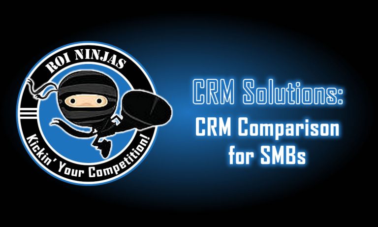 ROI Ninjas CRM logo with ninja mascot beside glowing blue text reading "CRM Solutions: CRM Comparison for SMBs" on a dark gradient background.