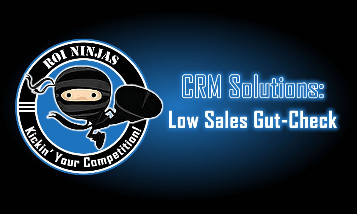 ROI Ninjas logo with a cartoon ninja kicking, next to glowing blue text reading "CRM Solutions: Low Sales Gut-Check" on a dark gradient background.