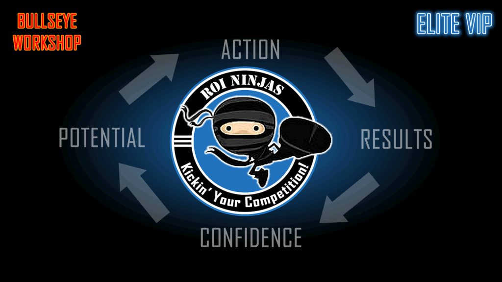 ROI Ninjas Bullseye Workshop Elite VIP graphic with ninja mascot kicking inside of Potential, Action, Results, and Confidence
