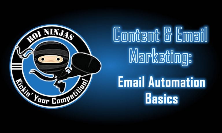 ROI Ninjas logo with ninja character kicking and text "Content & Email Marketing: Email Automation Basics" on a dark blue gradient background