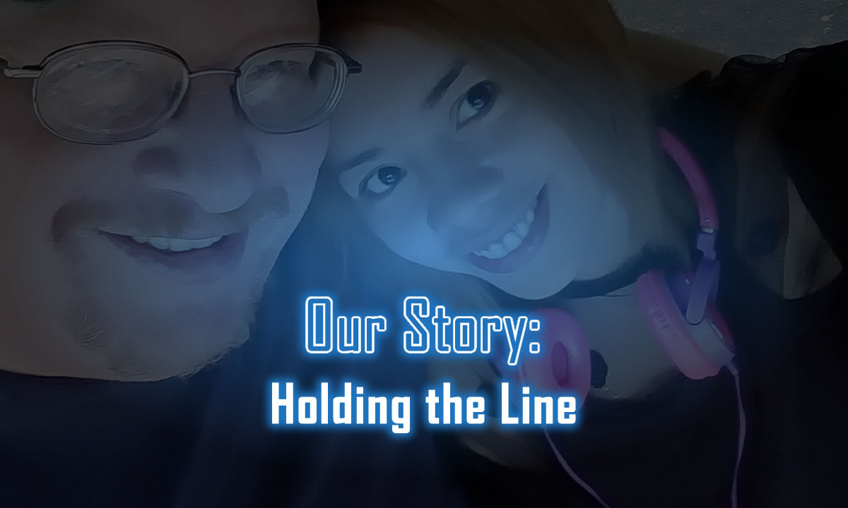 Ann & Charles smiling couple selfie with blue overlay text reading "Our Story: Holding the Line"