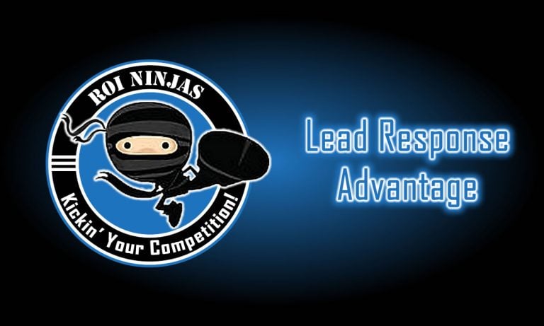 ROI Ninjas logo with a ninja kicking next to the title "Lead Response Advantage" on a blue gradient background.