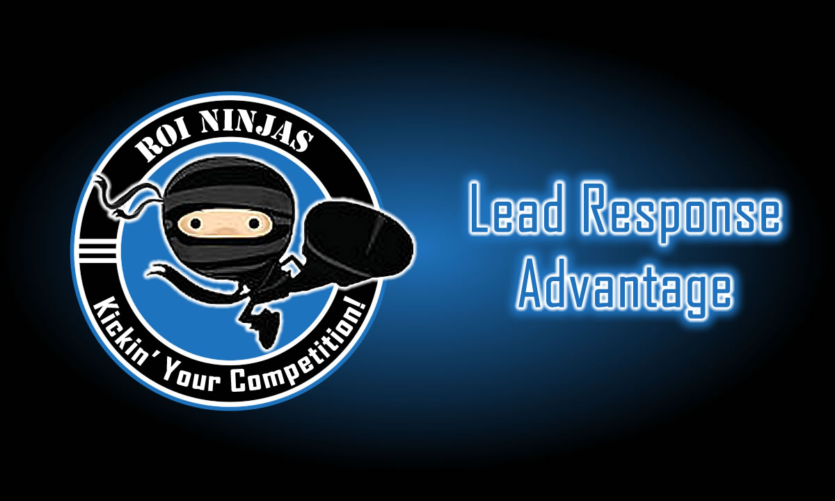 ROI Ninjas logo with a ninja kicking next to the title "Lead Response Advantage" on a blue gradient background.