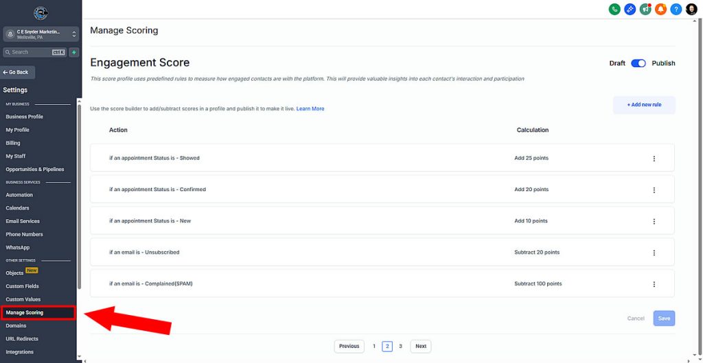 ROI Ninjas CRM, Manage Scoring--Engagement Score rules for appointments, email actions, and more.  A red arrow highlighting Settings >> Manage Scoring.