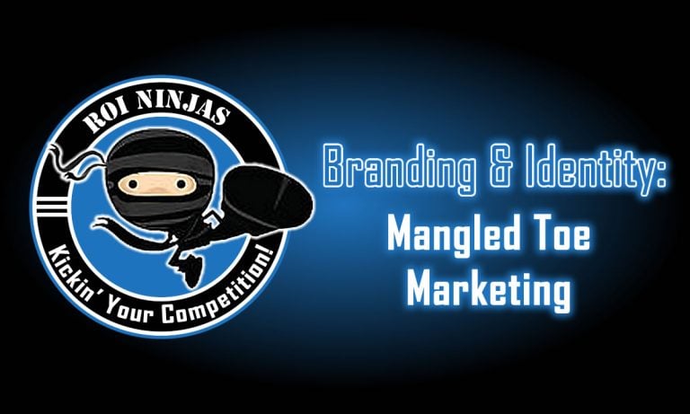 ROI Ninjas CRM ninja logo on a blue gradient background with glowing headline text that reads, Branding & Identity: Mangled Toe Marketing.