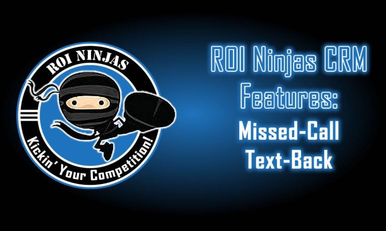 ROI Ninjas CRM Features: Missed-Call Text-Back--banner with ROI Ninjas CRM logo and neon title on a dark blue gradient background.