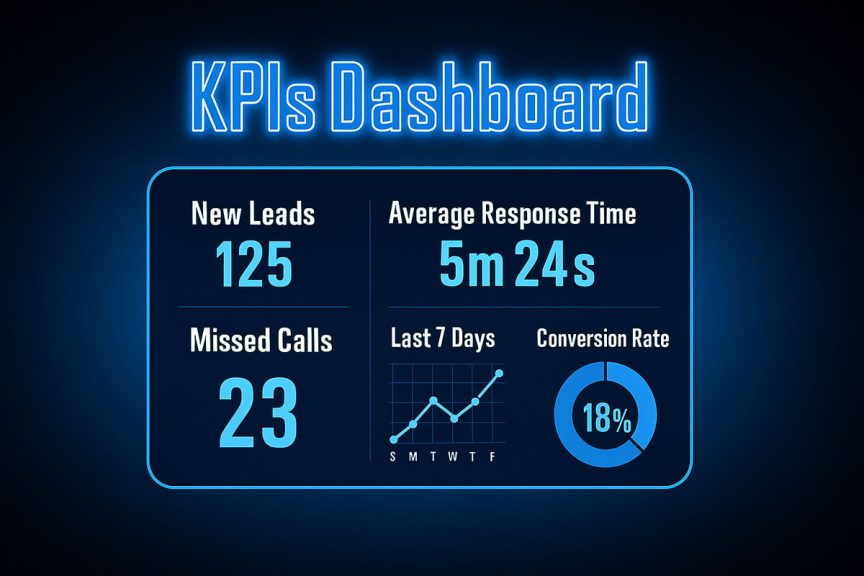 Missed-Call Text-Back KPI Dashboard Missed-Call Text-Back KPIs dashboard showing New Leads, Missed Calls, Average Response Time, 7-day trend, and conversion rate.