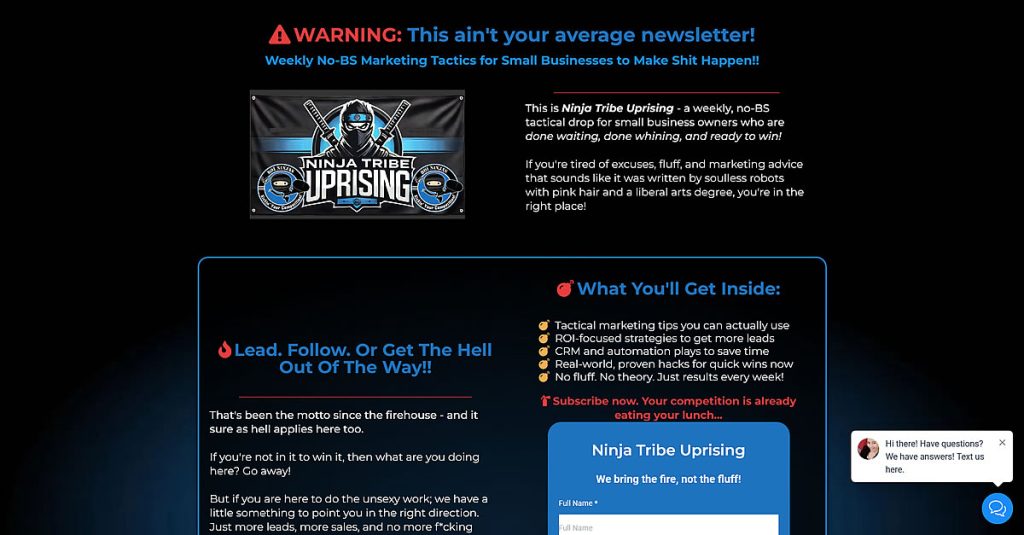 Screenshot of the Ninja Tribe Uprising newsletter sign-up page with bold warning label headline, tactical marketing promises, and a lead capture form for small business owners ready to win.