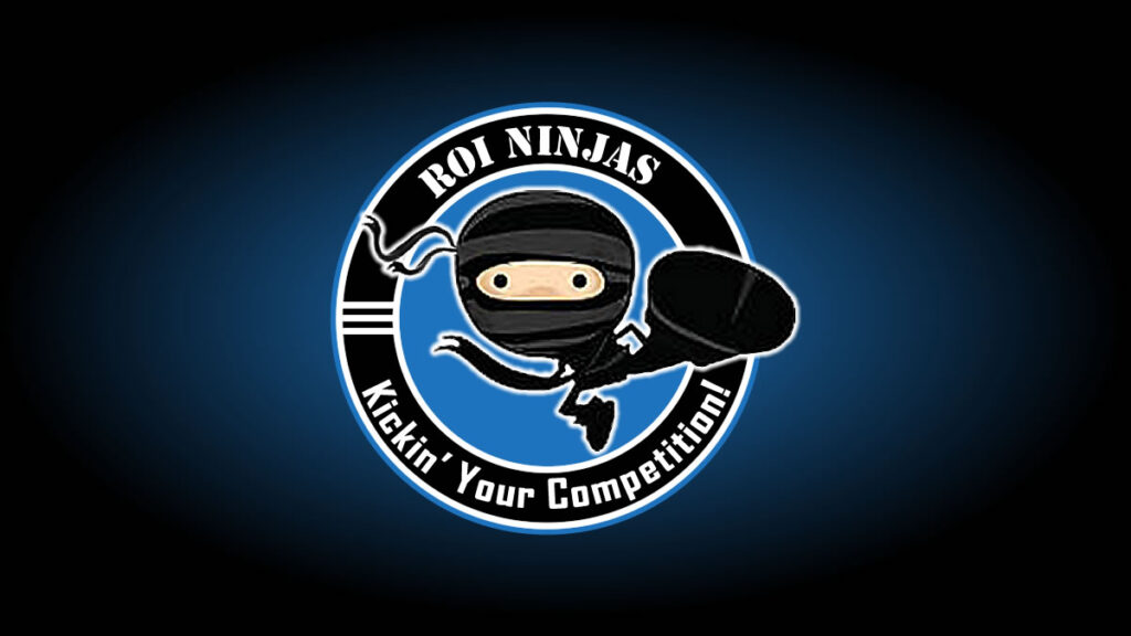 ROI Ninjas CRM logo showing ninja mascot mid-kick, symbolizing powerful CRM tools for small business owners fed up with duct-taped systems and overpriced hype-machines.