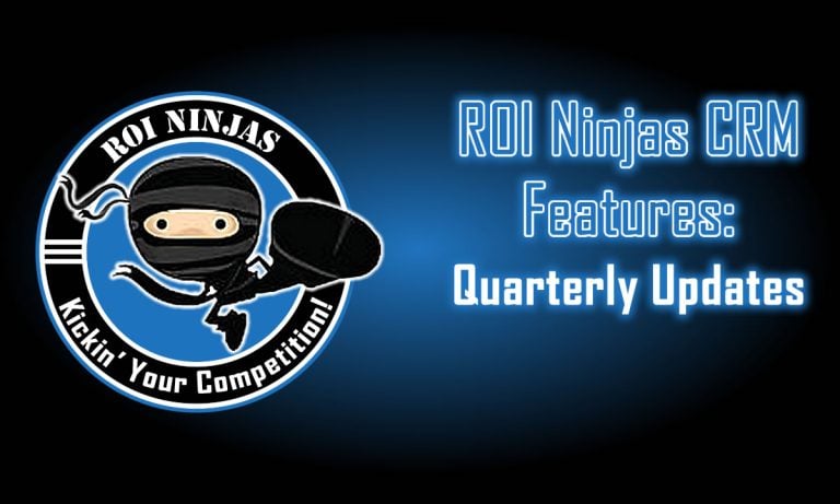 ROI Ninjas CRM Updates: Quarterly updates graphic with ninja logo on a blue glow background