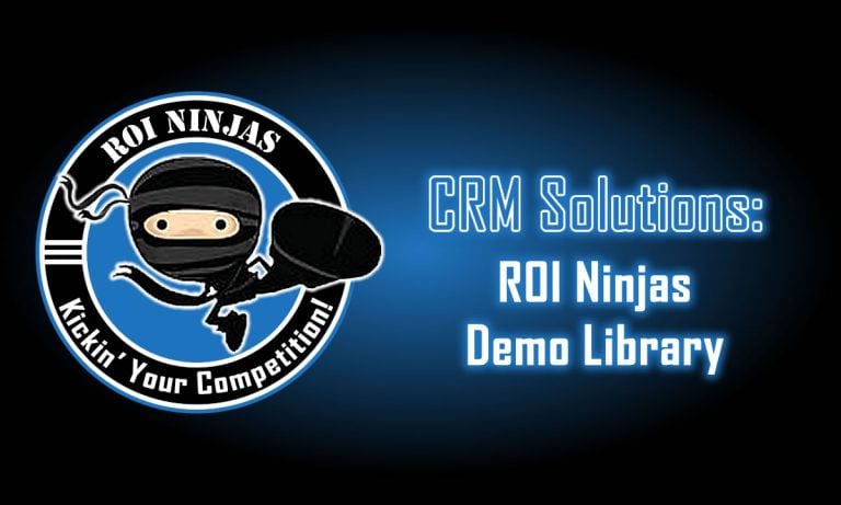 ROI Ninjas CRM logo and title graphic for the ROI Ninjas Demo Library, highlighting smart CRM solutions for small businesses.