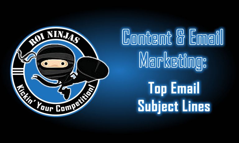 Content & Email Marketing graphic with ROI Ninjas CRM logo and headline text "Top Email Subject Lines" for small business email tips.